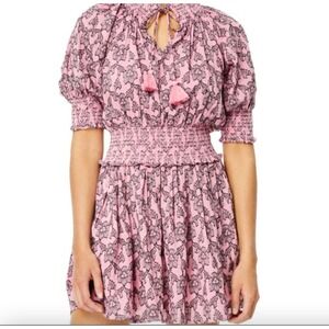 Roller Rabbit Dress Large Pink  Pau Fiorella Smocked Mini Floral  Tassels- Q8